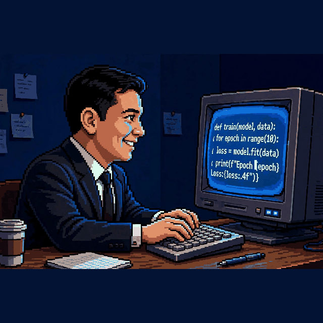 Pixel-art cartoon of Arafat Erkin coding